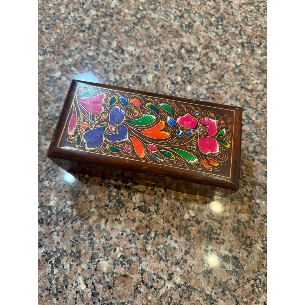 Vintage Mexican Hand Painted Wooden Trinket Box Floral Folk Art Hecho en Mexico